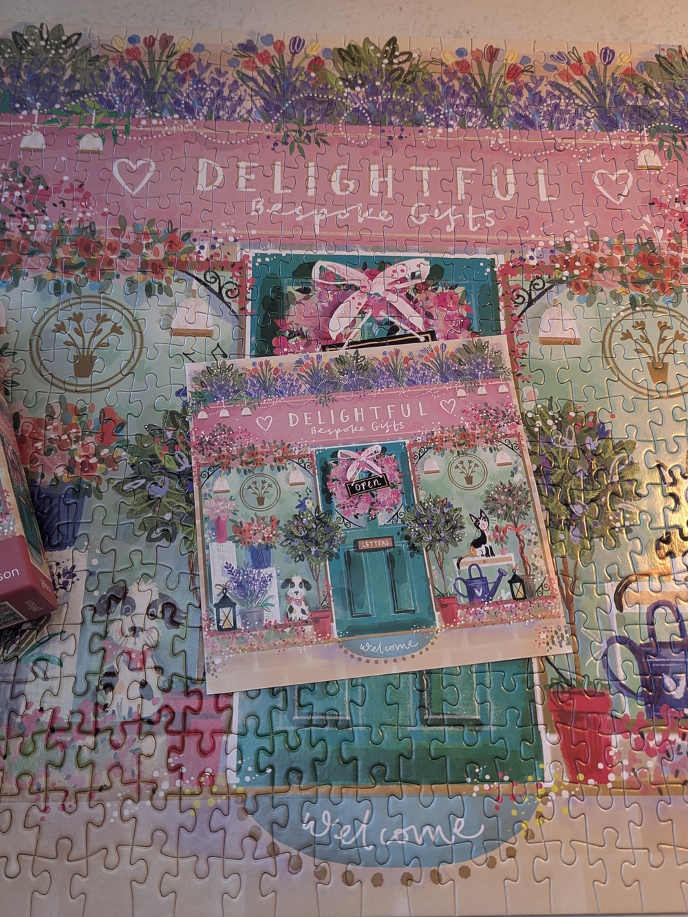 Delightful Bespoke Gifts Pink & Teal Puzzle - Charming Shopfront Scene